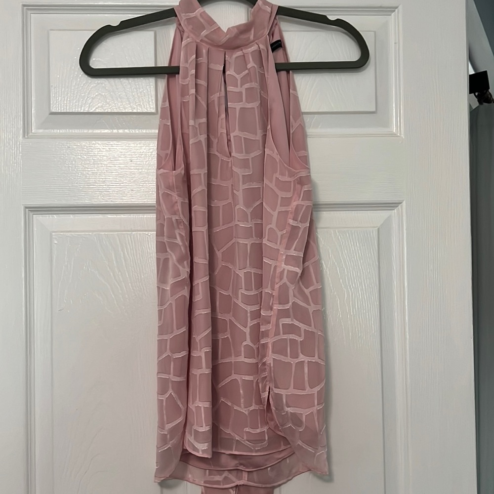 White House Black Market high neck tied sleeveless pink top in giraffe pattern 6